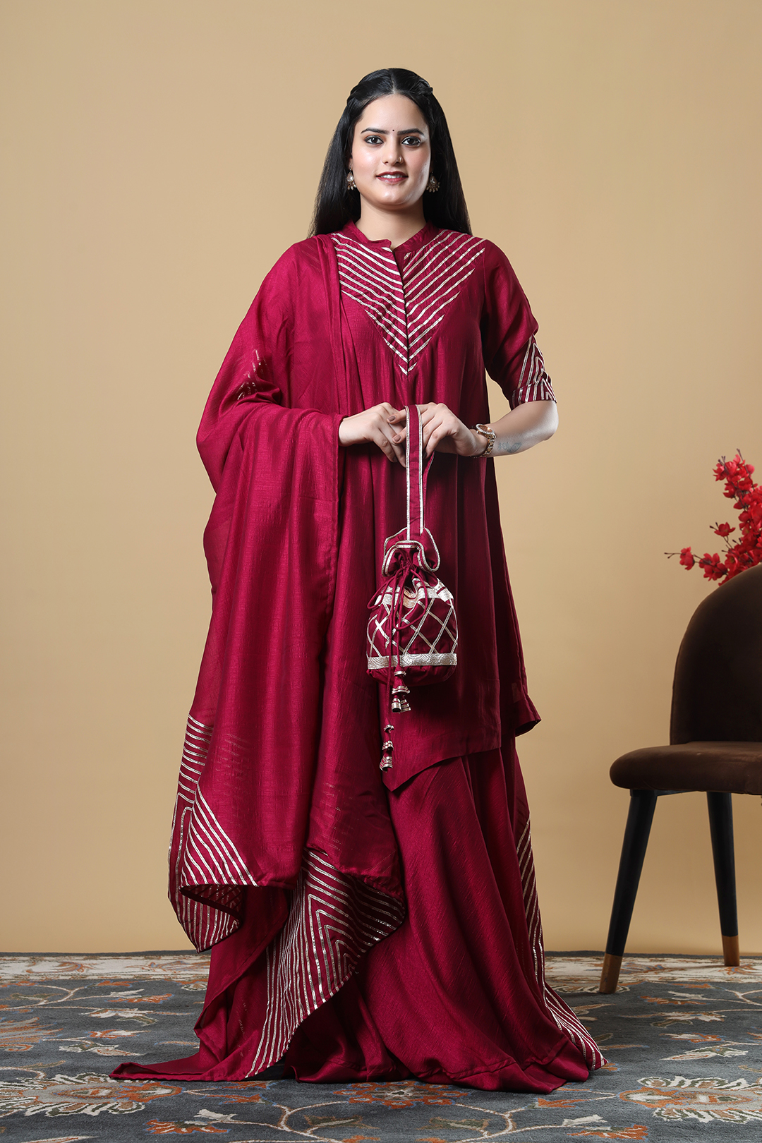 Vglame Burgundy V Silk Kurta Set with Hand Work, Gota Lehenga & Zari Dupatta